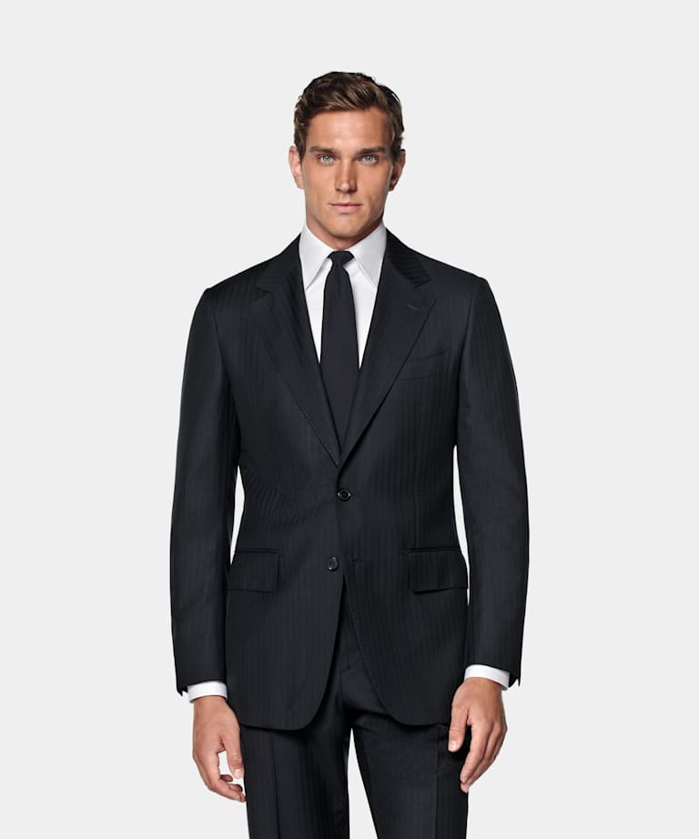 SUITSUPPLY All Season Pure S130's Wool by Drago, Italy Navy Striped Tailored Fit Milano Suit