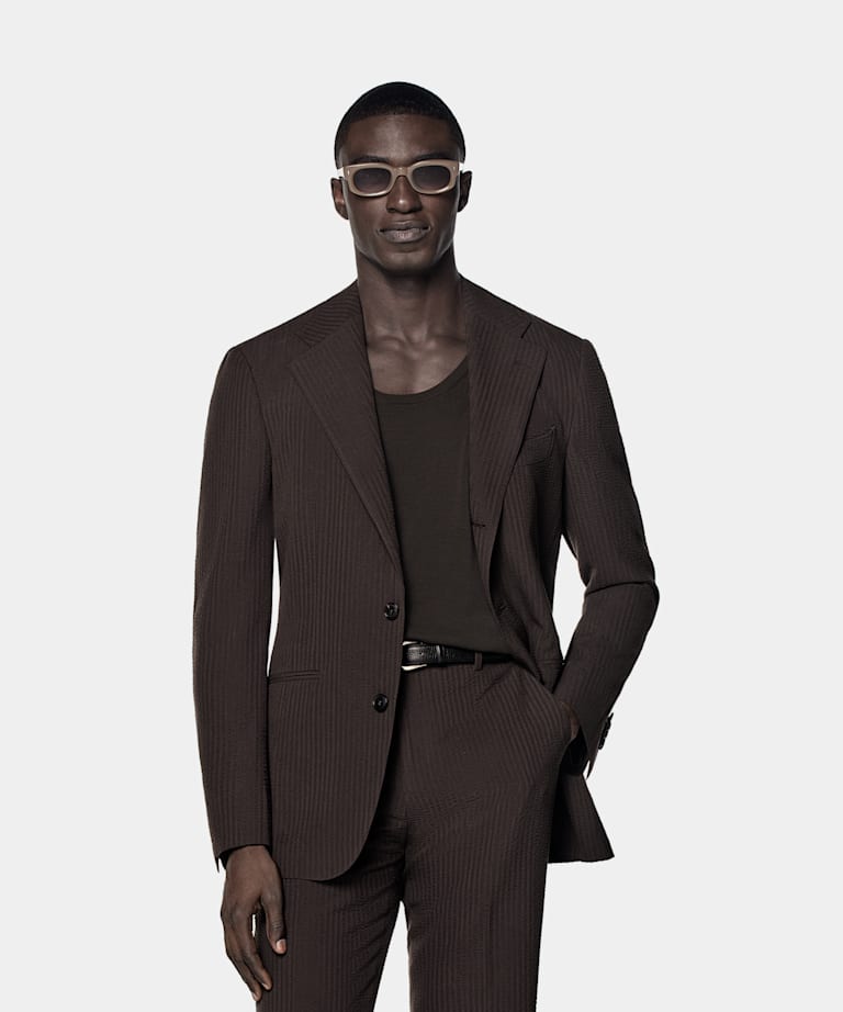SUITSUPPLY Sommer Seersucker pure Schurwolle by Delfino, Italien Roma Anzug dunkelbraun Relaxed Fit