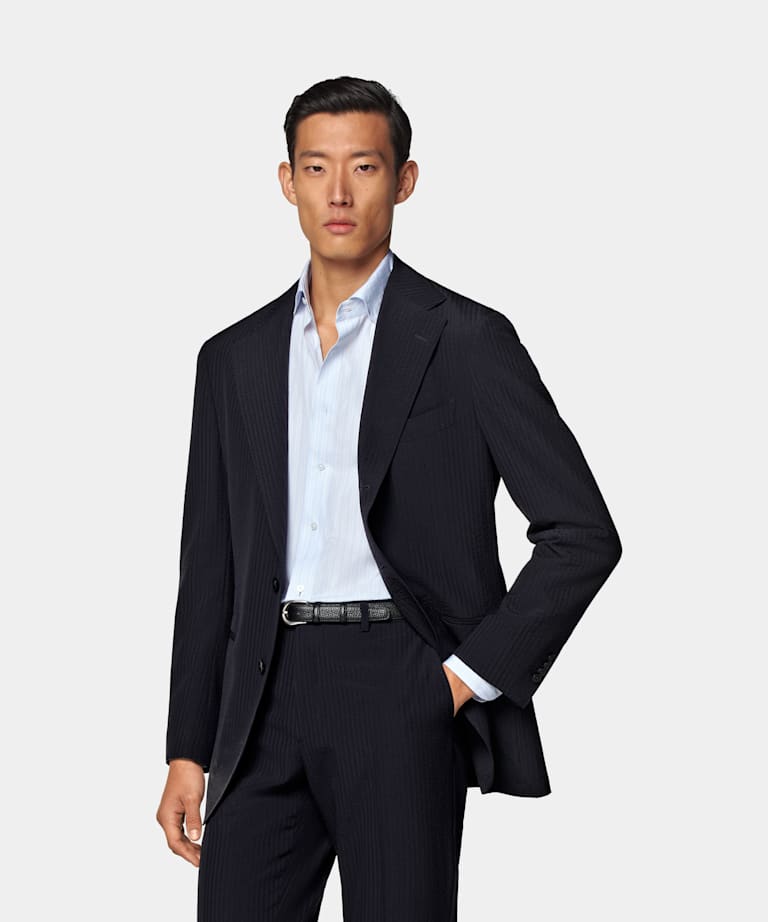 SUITSUPPLY Summer Pure Wool Seersucker by Delfino, Italy Navy Relaxed Fit Roma Suit