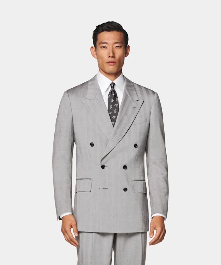SUITSUPPLY All Season Wool Silk by Rogna, Italy Grey Herringbone Tailored Fit Milano Suit