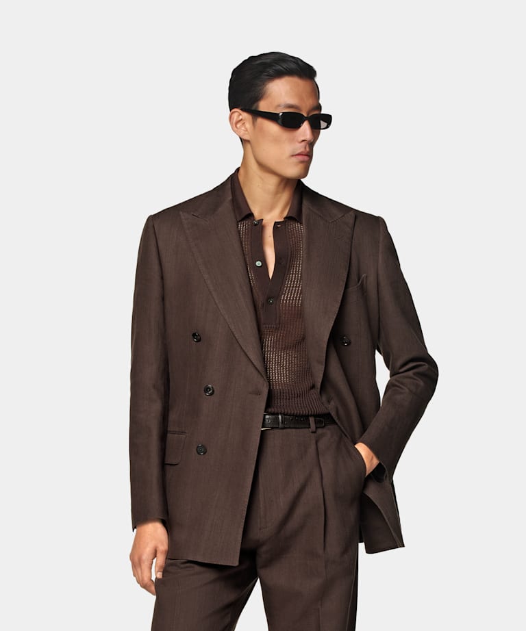 SUITSUPPLY Lato Bawełna/len od Emmetex, Włochy Garnitur Milano tailored fit brązowy