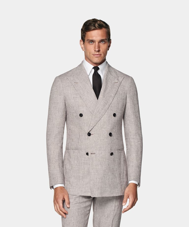 SUITSUPPLY Summer Linen Polyamide by Ferla, Italy Light Taupe Checked Tailored Fit Havana Suit