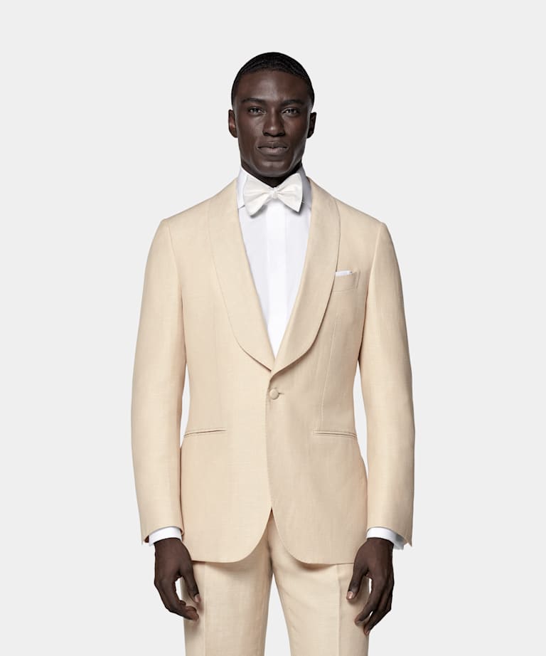 SUITSUPPLY Summer Wool Linen by Reda, Italy Sand Tailored Fit Havana Tuxedo