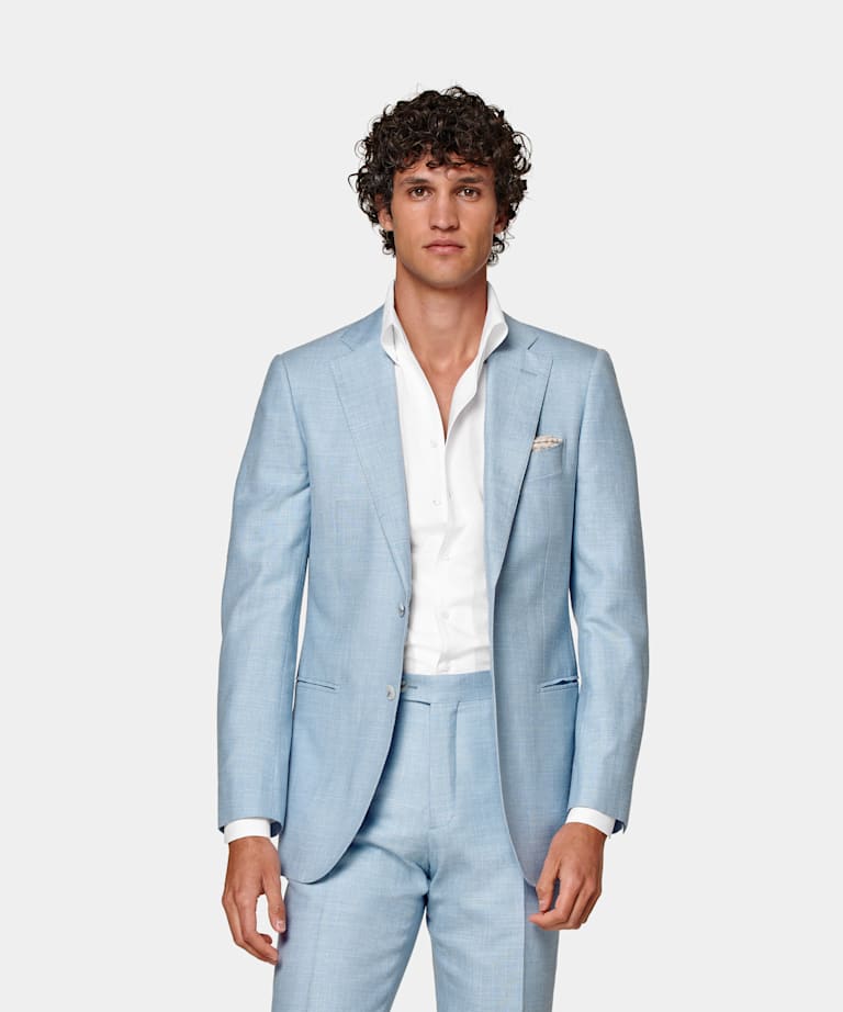 SUITSUPPLY Wool Silk Linen by E.Thomas, Italy Light Blue Tailored Fit Lazio Suit