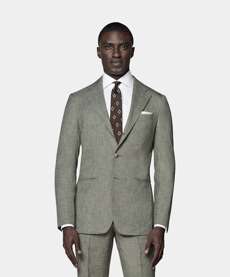 SUITSUPPLY Pure S120's Wool by Vitale Barberis Canonico, Italy Mid Green Houndstooth Perennial Havana Suit