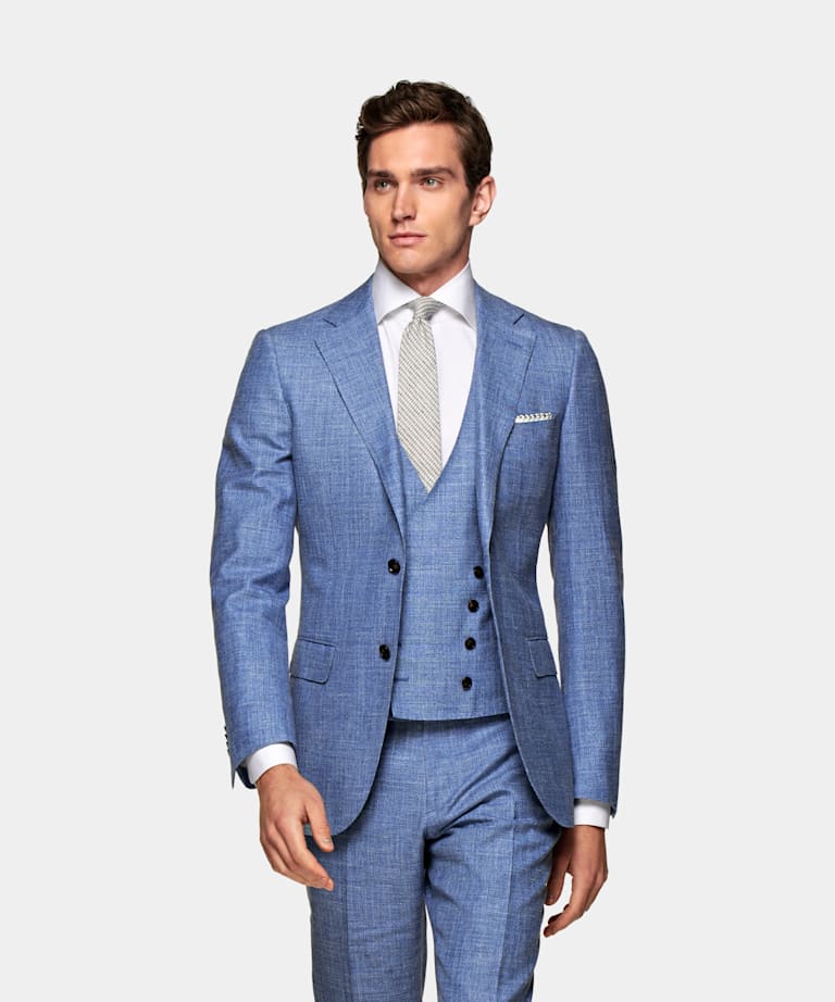 Mid Blue Waistcoat | Wool Silk Linen | Suitsupply Online Store