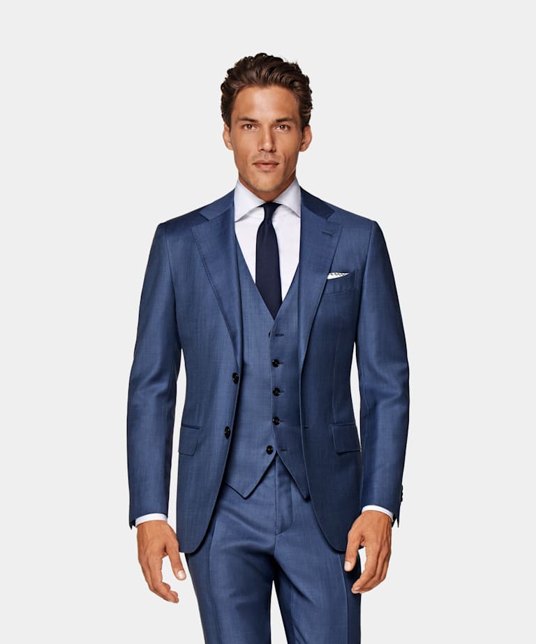 SUITSUPPLY Pure S150's Wool by E.Thomas, Italy Mid Blue Three-Piece Lazio Suit
