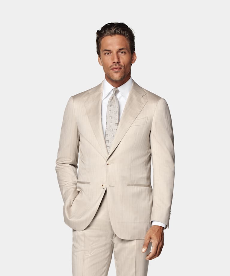 SUITSUPPLY All Season Wool Silk by Delfino, Italy Sand Herringbone Tailored Fit Havana Suit