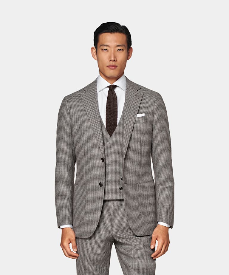 SUITSUPPLY Wool Cashmere by E.Thomas, Italy Taupe Houndstooth Three-Piece Havana Suit