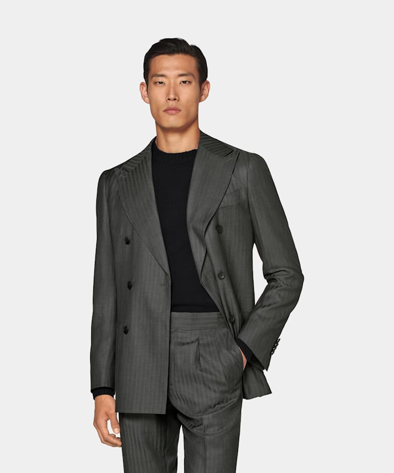 SUITSUPPLY Wool Silk Solaro by Delfino, Italy Dark Grey Herringbone Perennial Havana Suit