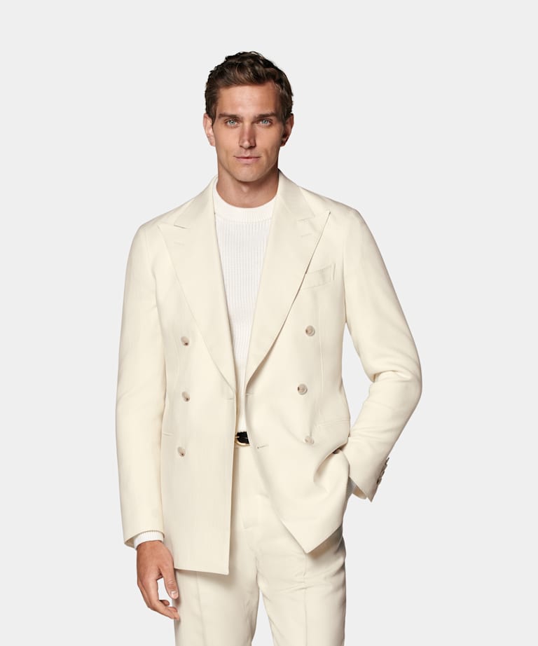 SUITSUPPLY Winter Pure Wool by Rogna, Italy Off-White Herringbone Tailored Fit Havana Suit