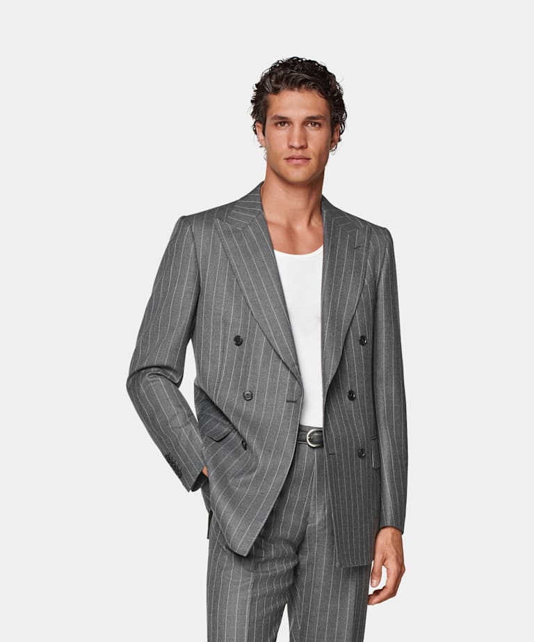 SUITSUPPLY 四季 意大利 Vitale Barberis Canonico 生产的羊毛面料 Milano 中灰色条纹合体身型西装