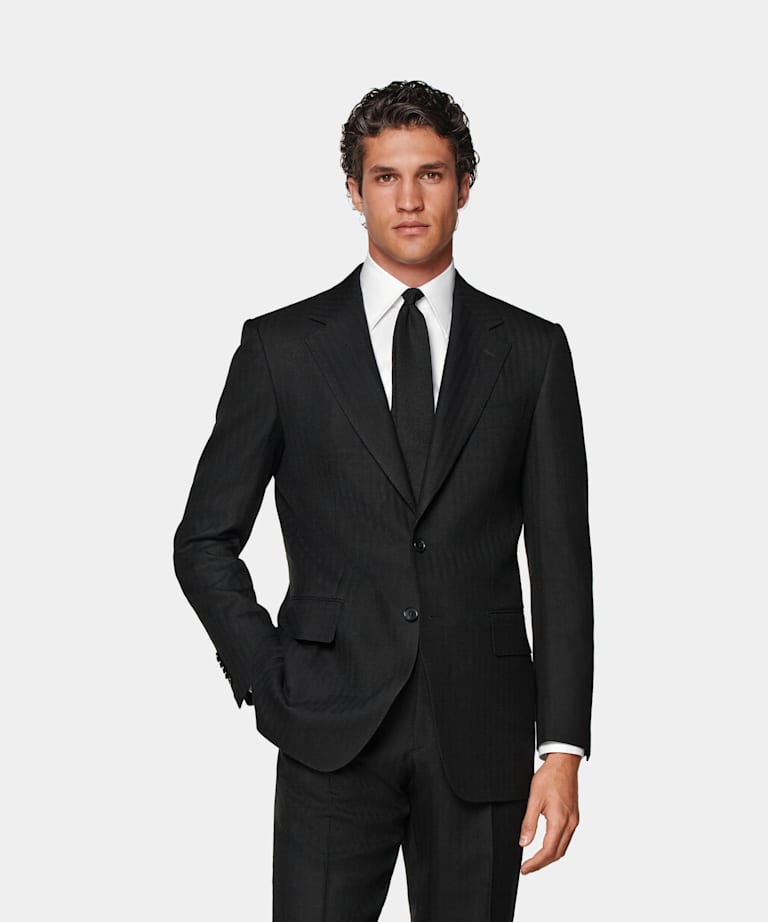 SUITSUPPLY Winter Pure Wool by Dugdale, United Kingdom Black Herringbone Tailored Fit Milano Suit