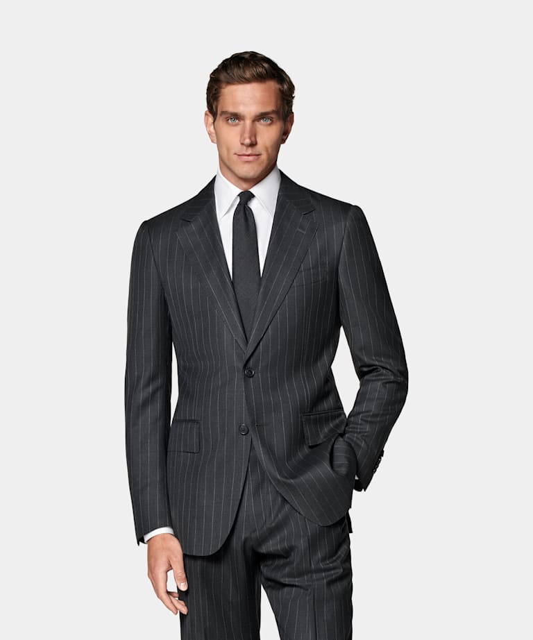 SUITSUPPLY All Season Pure S130's Wool by Delfino, Italy Dark Grey Striped Tailored Fit Milano Suit
