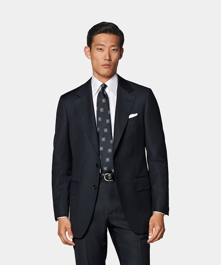 SUITSUPPLY All Season Pura lana S130s de E.Thomas, Italia Traje Milano azul marino a rayas corte Tailored