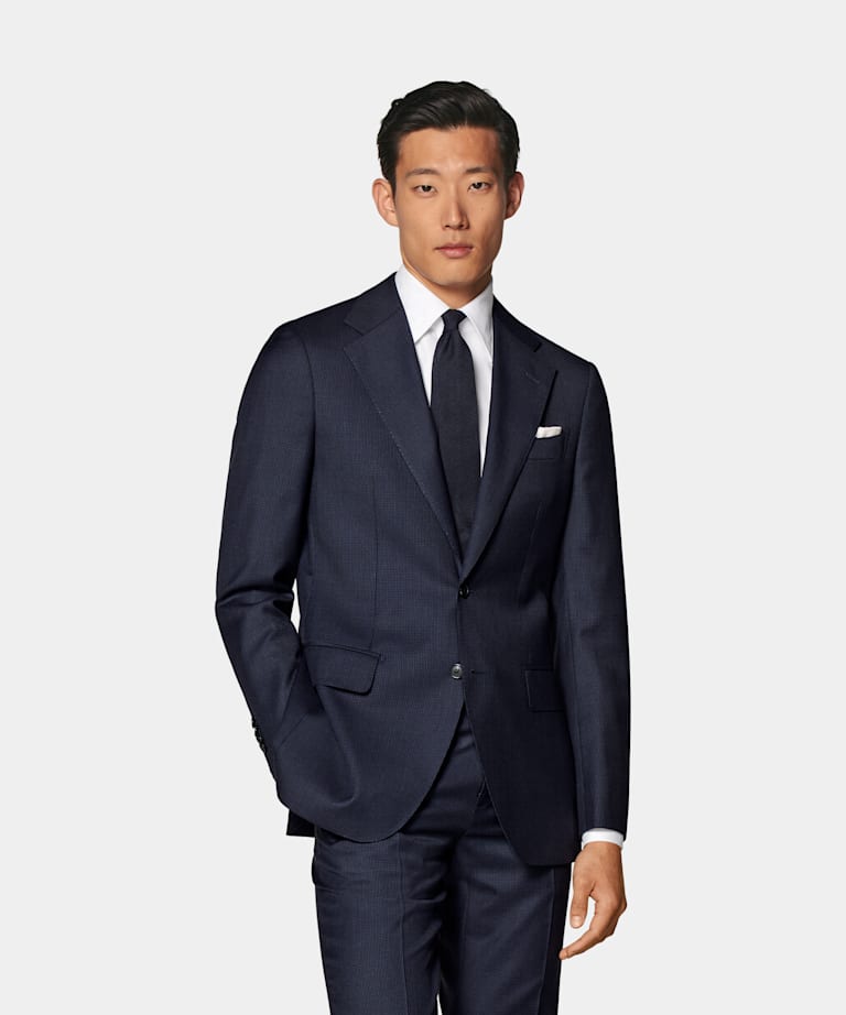 SUITSUPPLY All Season Pura lana S130s de Drago, Italia Traje Havana azul marino pata de gallo corte Tailored