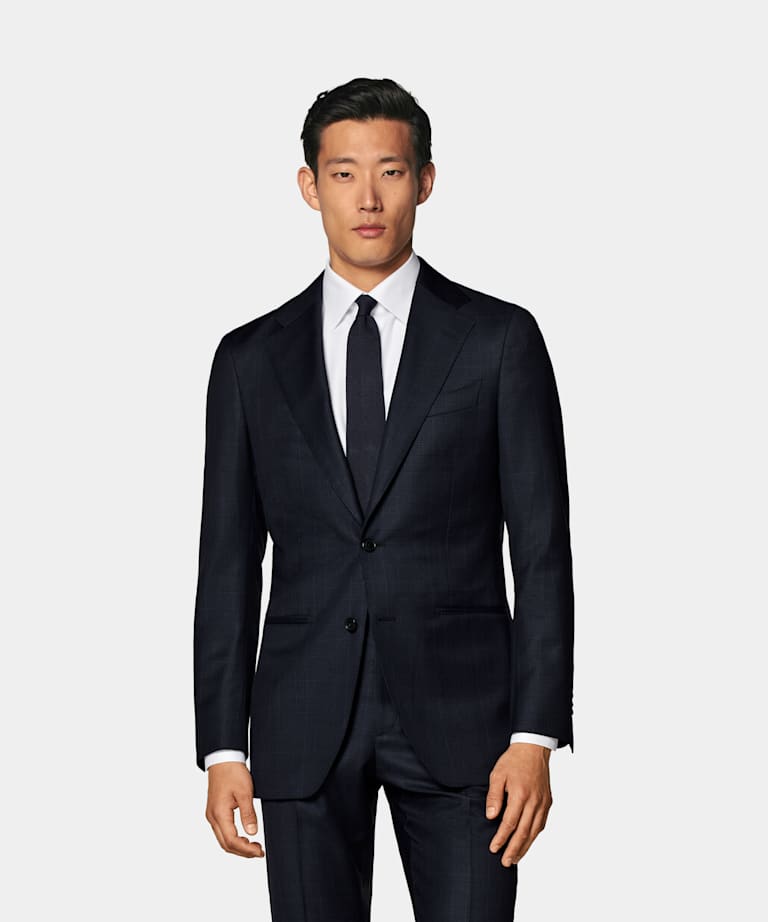 SUITSUPPLY All Season Pure Wool Traveller by Lanificio Ermenegildo Zegna, Italy Navy Checked Tailored Fit Havana Suit