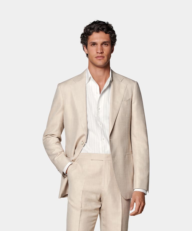 SUITSUPPLY Summer Wool Silk Linen by Rogna, Italy Sand Herringbone Tailored Fit Havana Suit