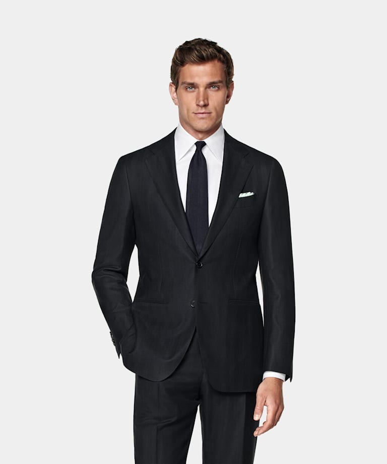 Navy Herringbone Tailored Fit Havana Suit