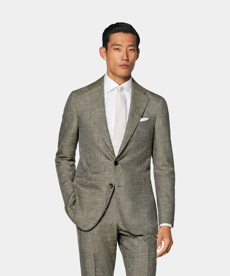 SUITSUPPLY Summer Wool Silk Linen by Rogna, Italy Light Green Tailored Fit Havana Suit
