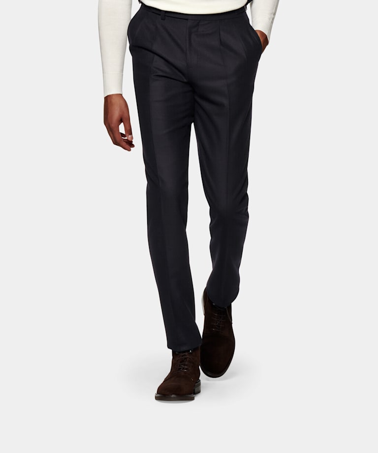 mens navy pleated trousers
