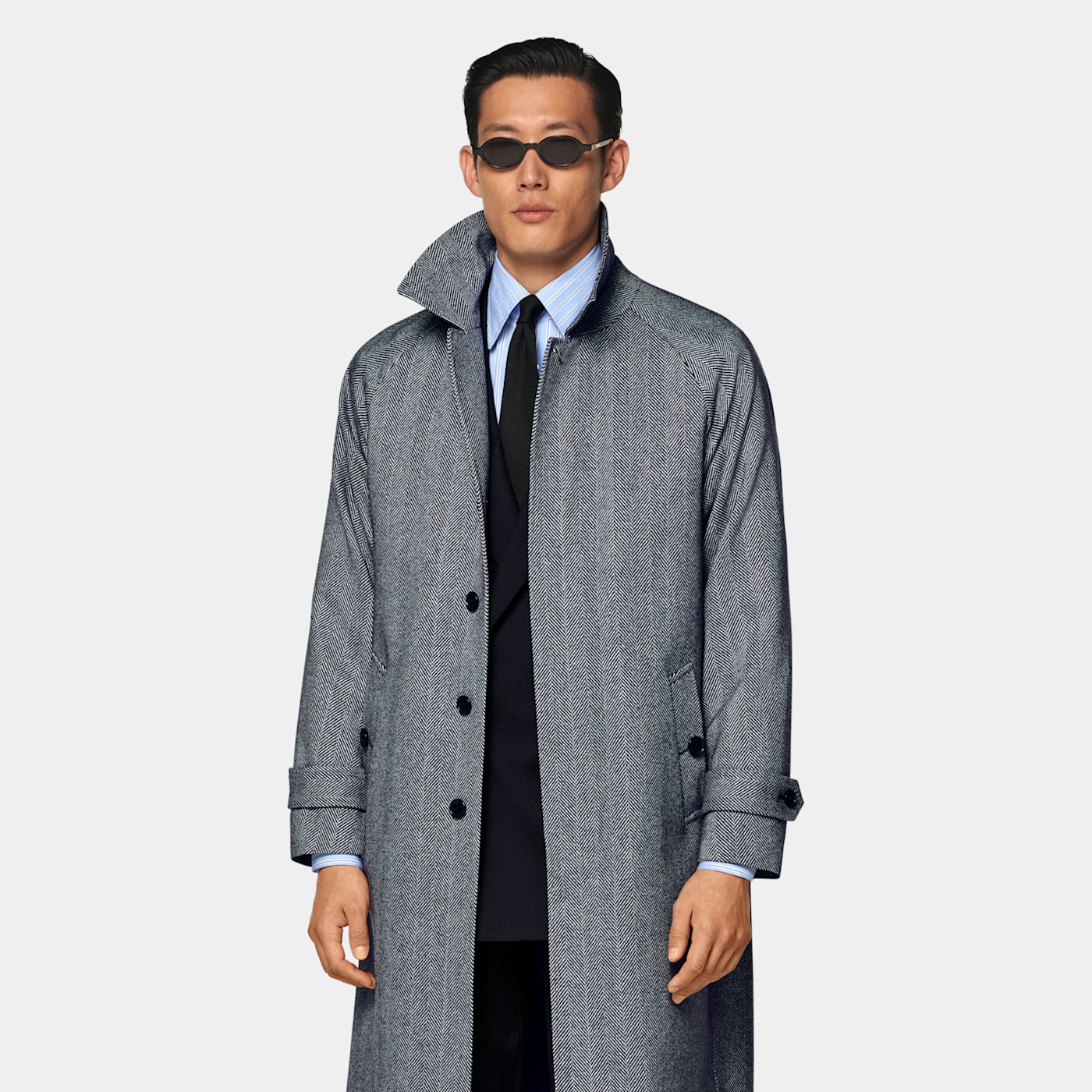 Suitsupply Navy Herringbone Relaxed Raglan Overcoat In Gray