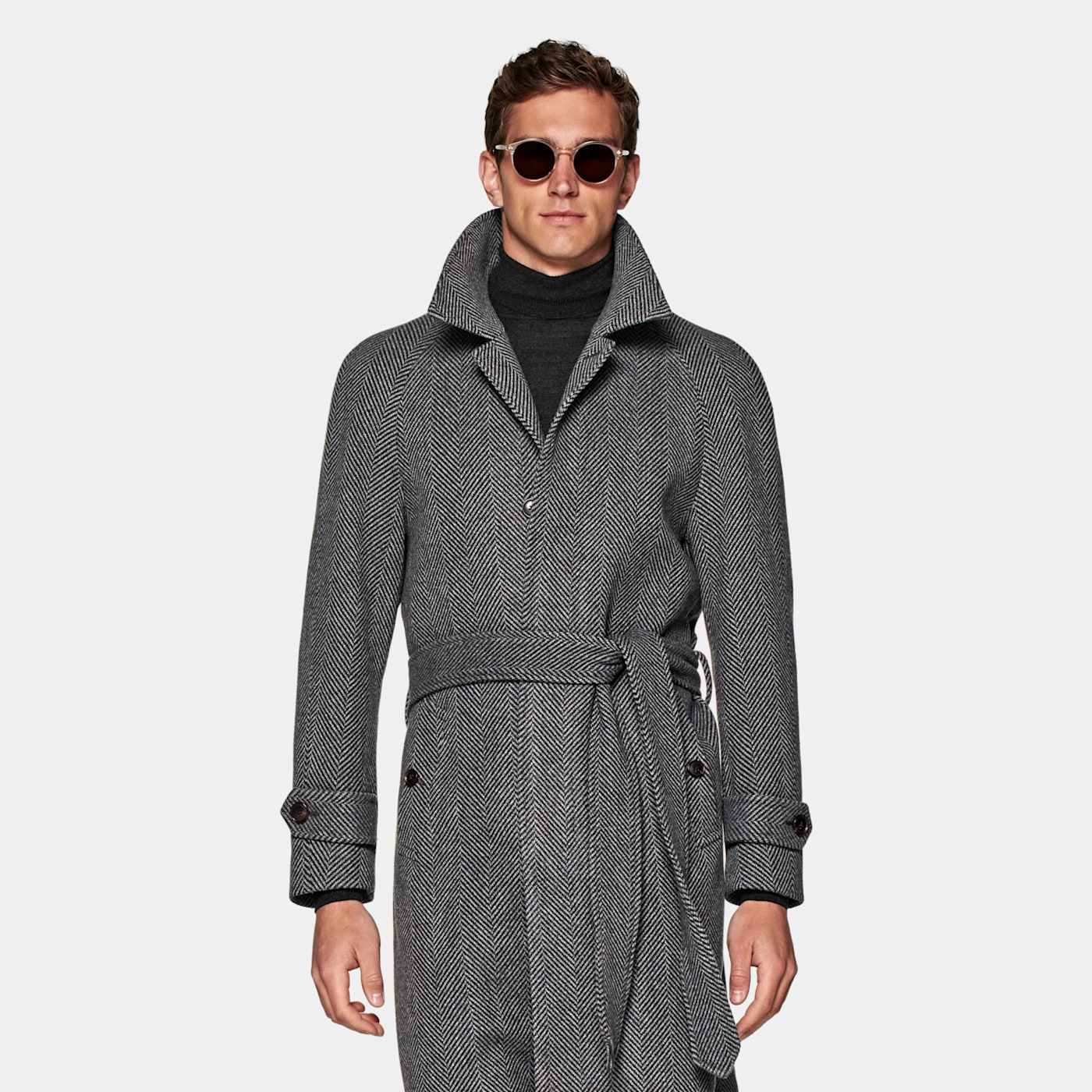 Suitsupply Dark Grey Herringbone Belted Overcoat