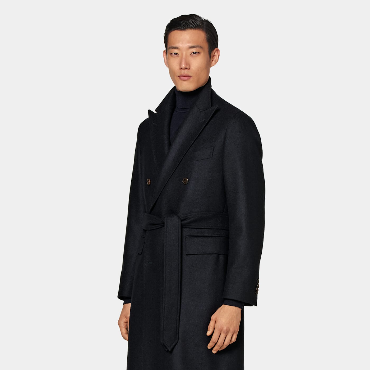 Suitsupply Navy Herringbone Belted Overcoat In Black