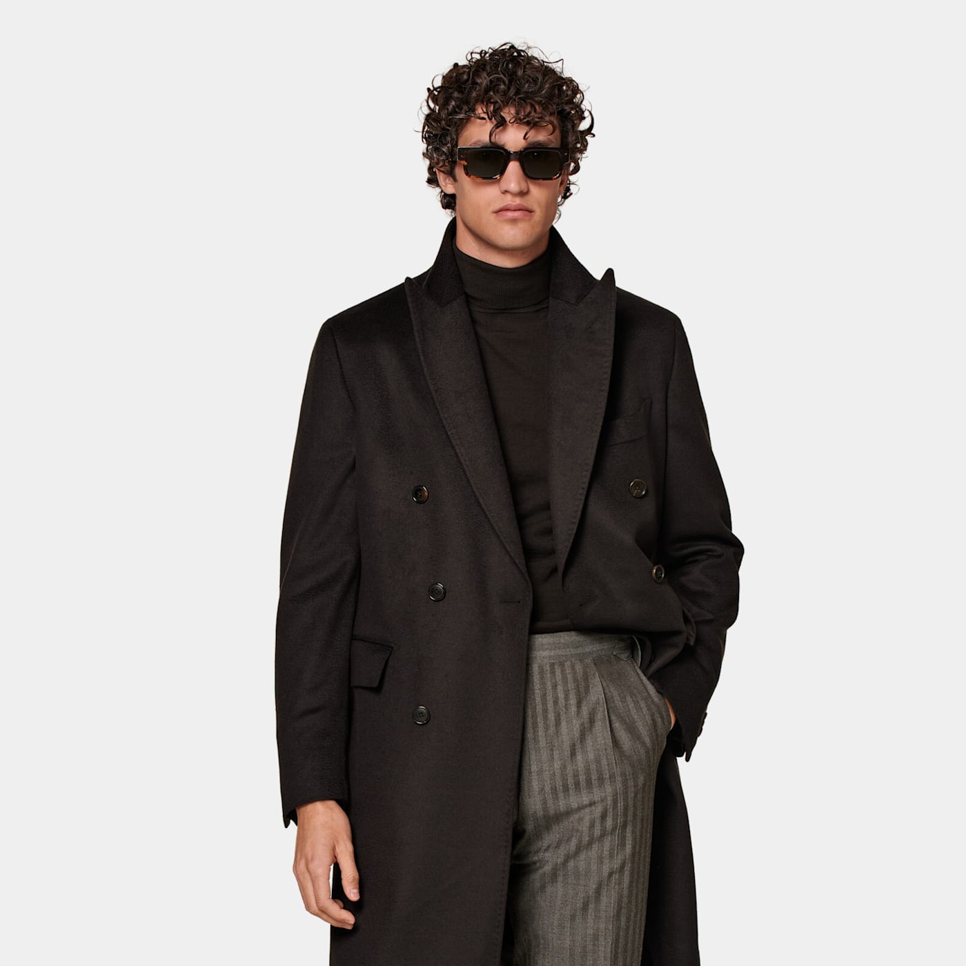 Suitsupply Dark Brown Belted Overcoat In Black