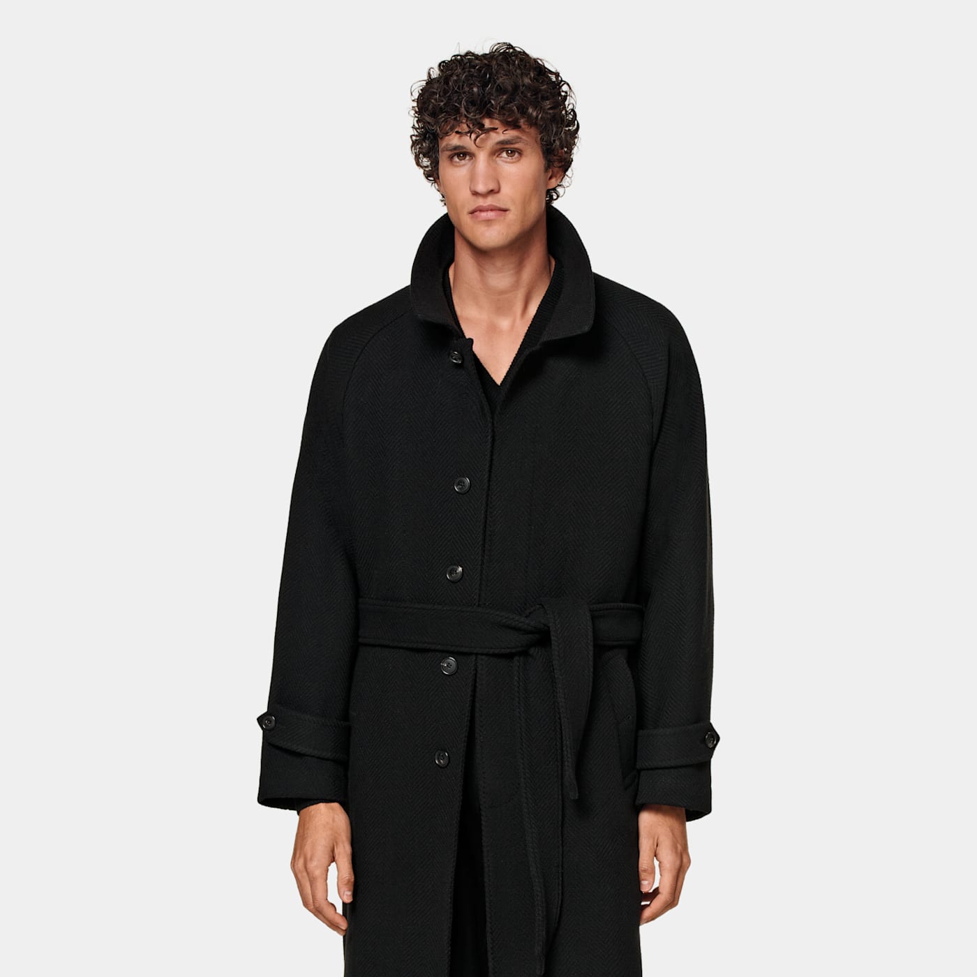 Suitsupply Black Herringbone Belted Overcoat