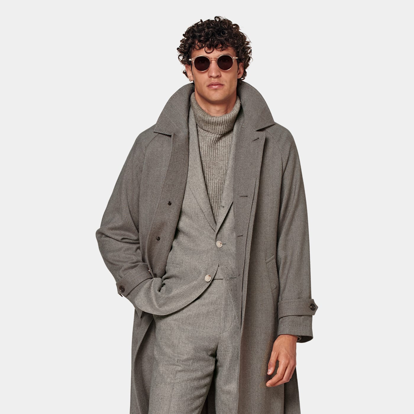 Suitsupply Taupe Herringbone Belted Overcoat In Gray
