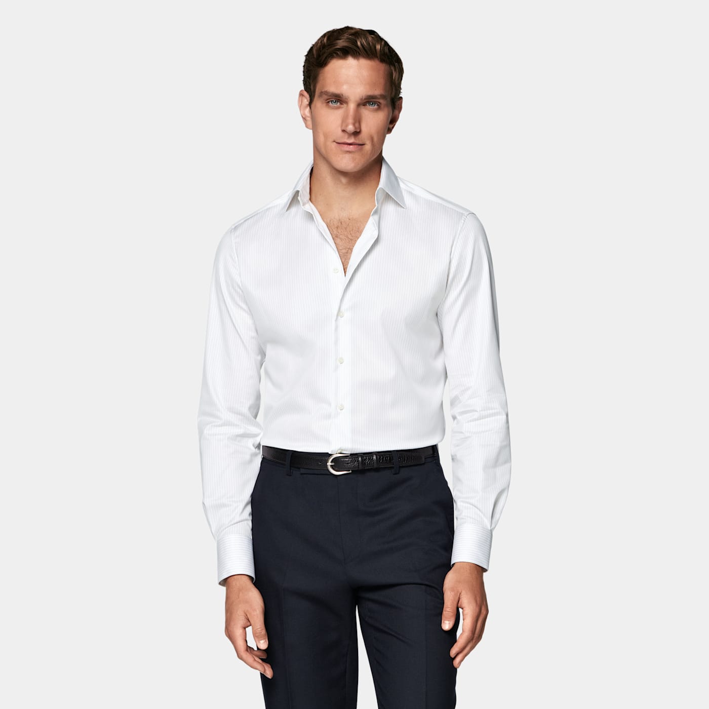 Suitsupply Light Grey Striped Widespread Collar Shirt In Gray