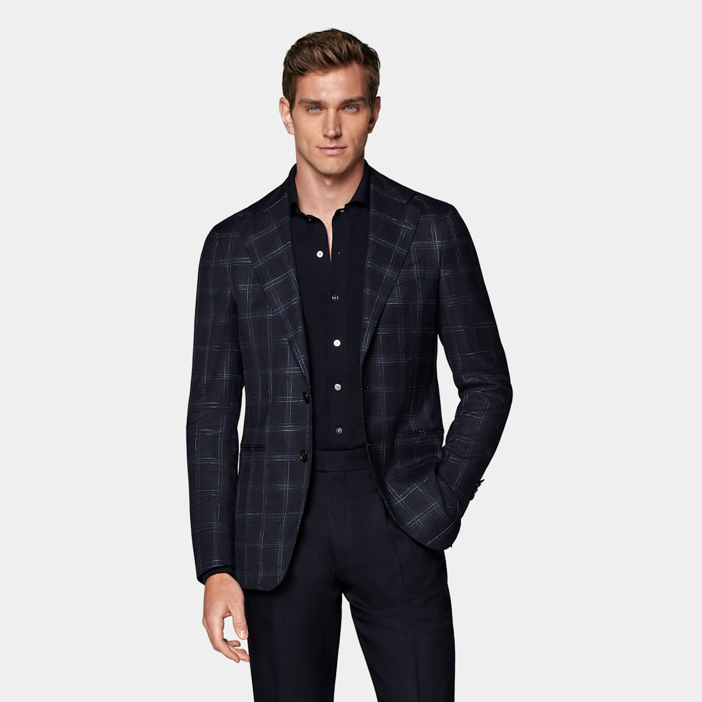 Suitsupply Navy Checked Tailored Fit Havana Blazer In Black