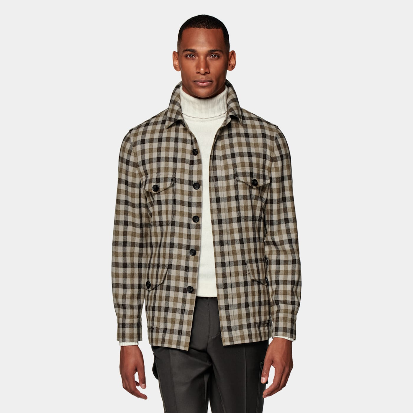 Suitsupply Mid Brown Checked William Shirt-jacket In Black