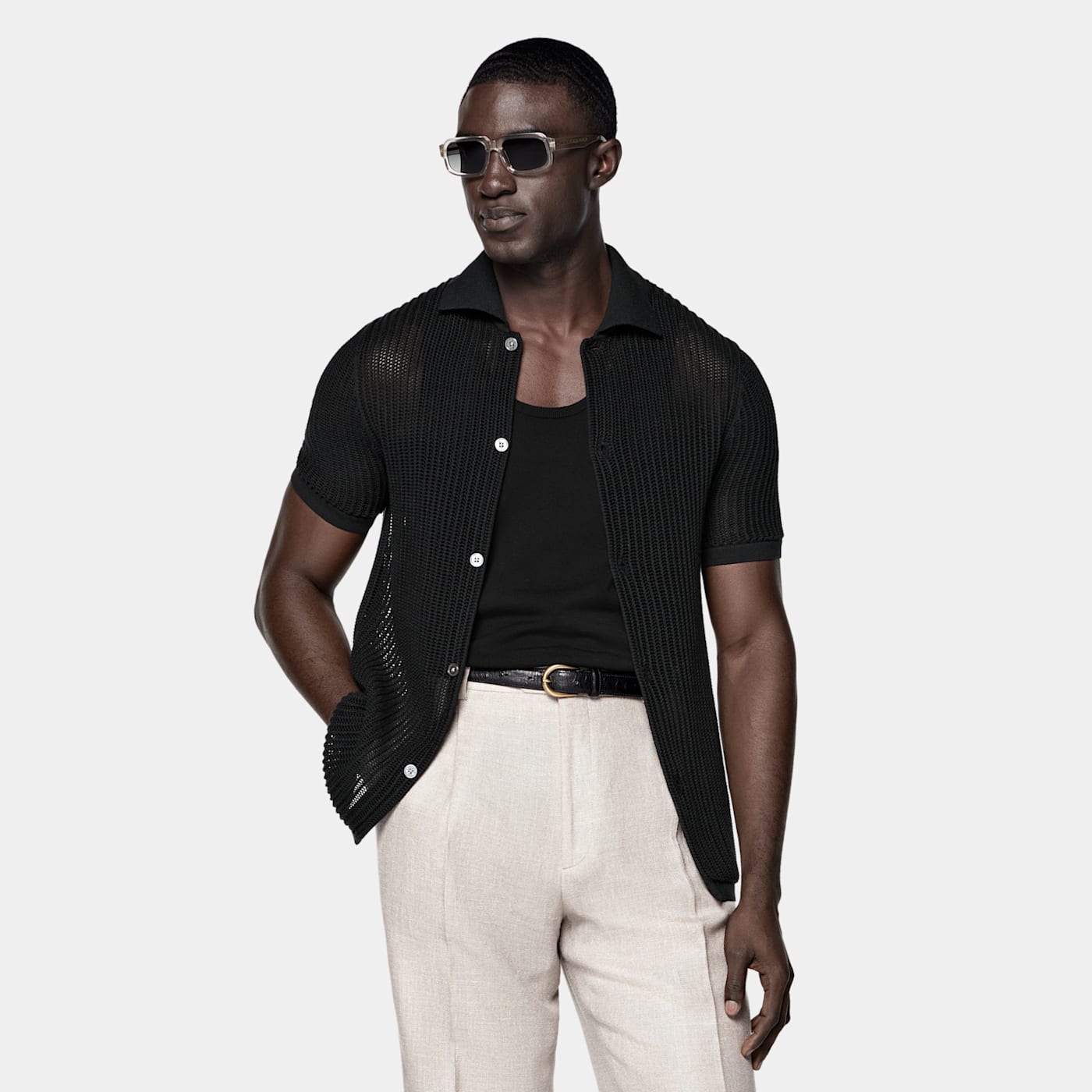 Suitsupply Black Crochet Polo Cardigan