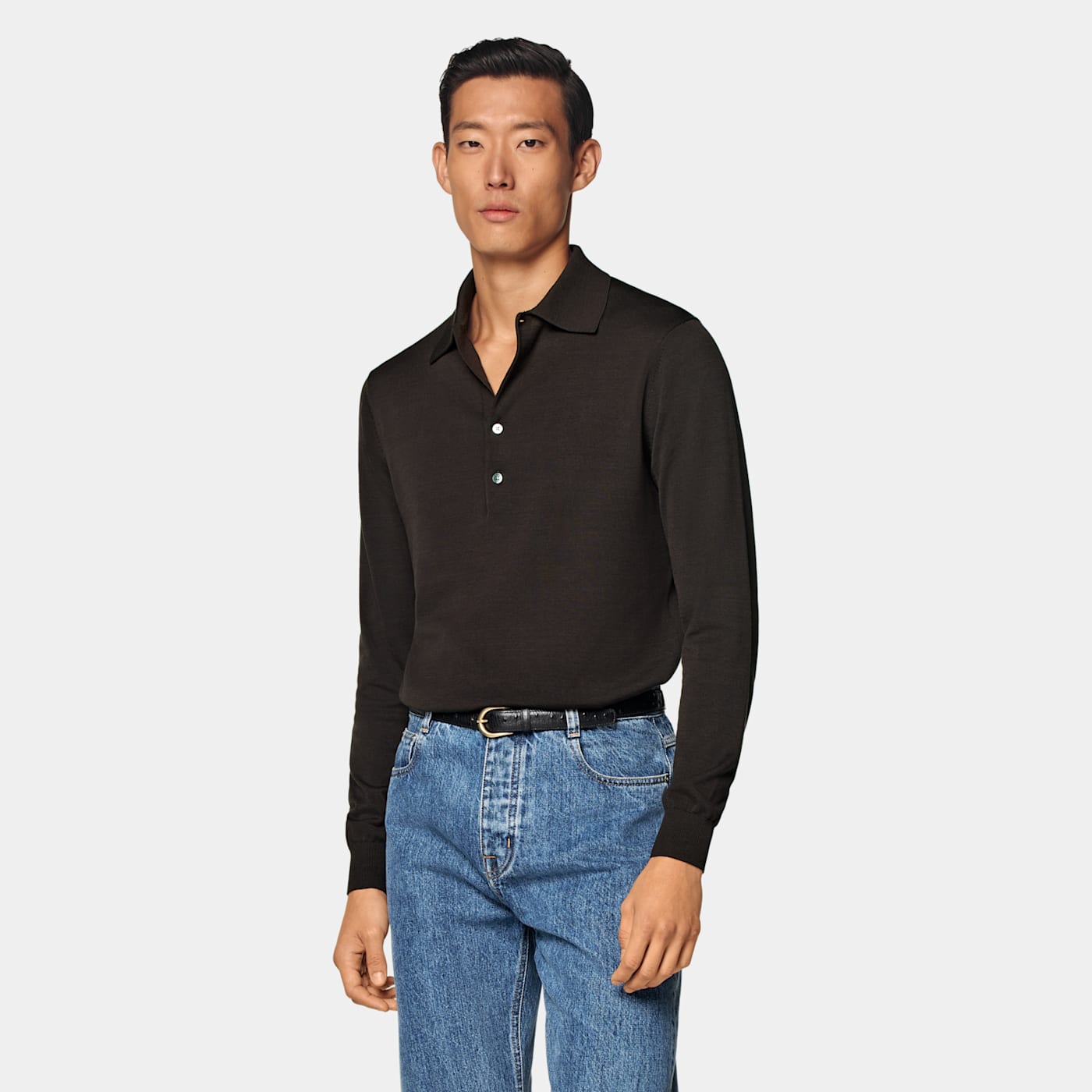 Suitsupply Dark Brown Deep Placket Long Sleeve Polo