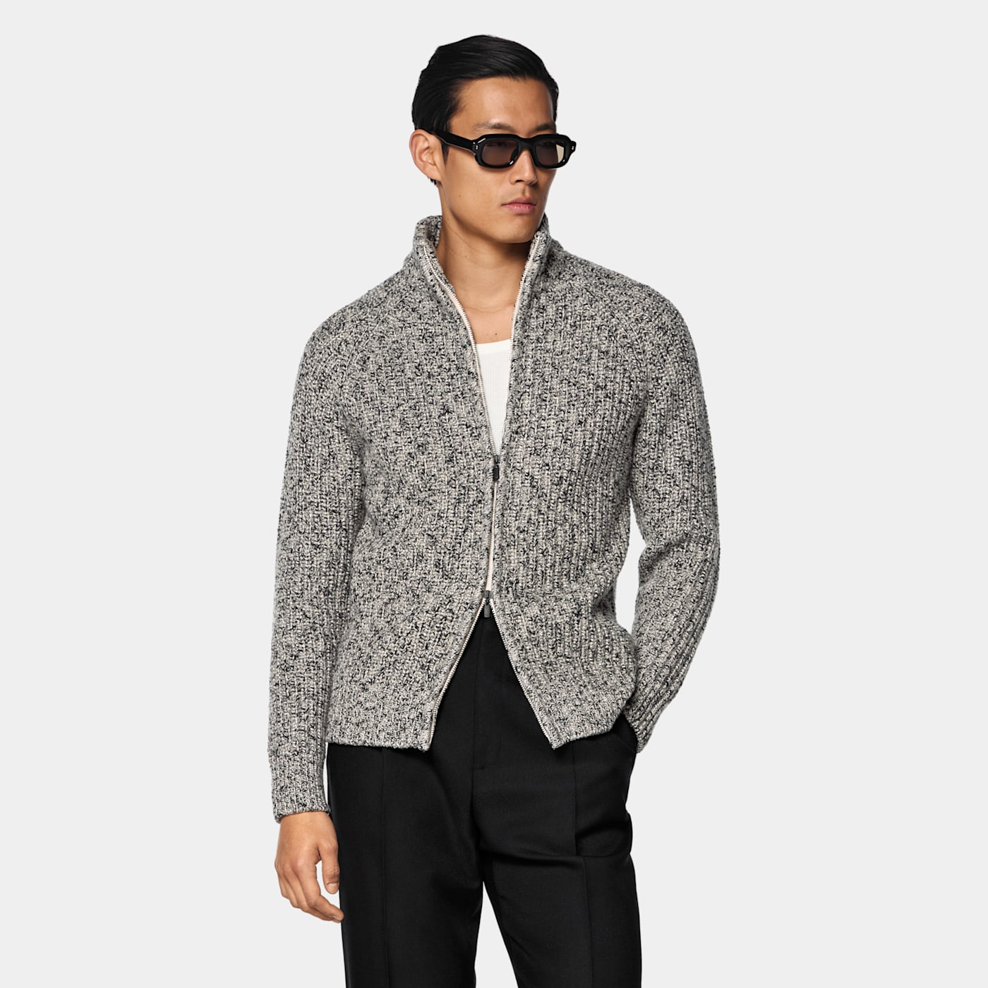 Suitsupply Light Brown Ribbed Mouliné Zip Cardigan