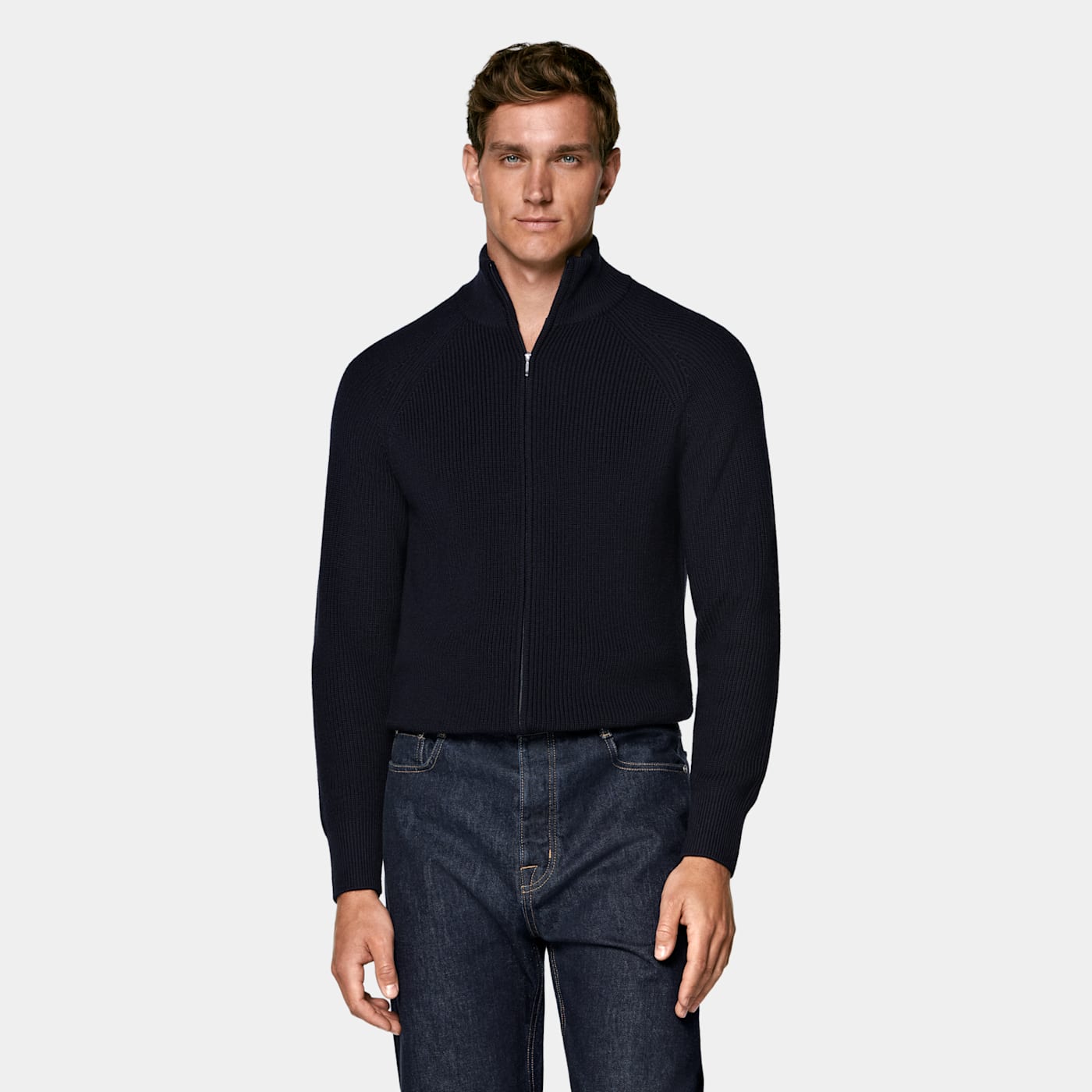 Suitsupply Navy Ribbed Zip Cardigan In Blue