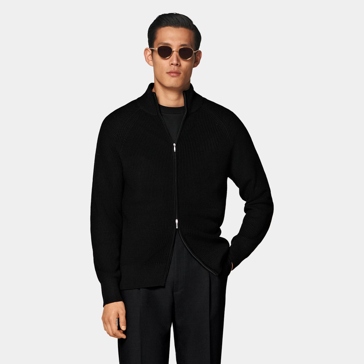 Suitsupply Black Ribbed Zip Cardigan In Black