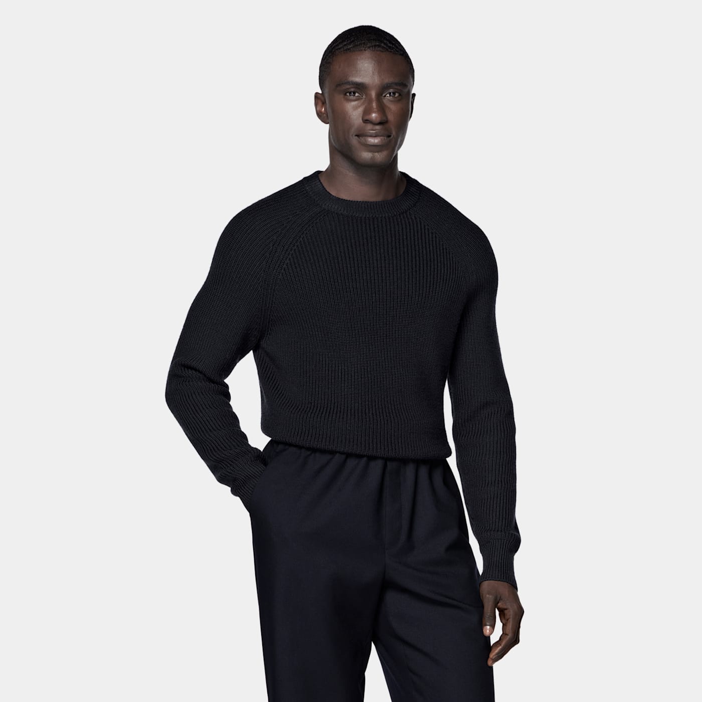 Suitsupply Navy Ribbed Crewneck In Blue