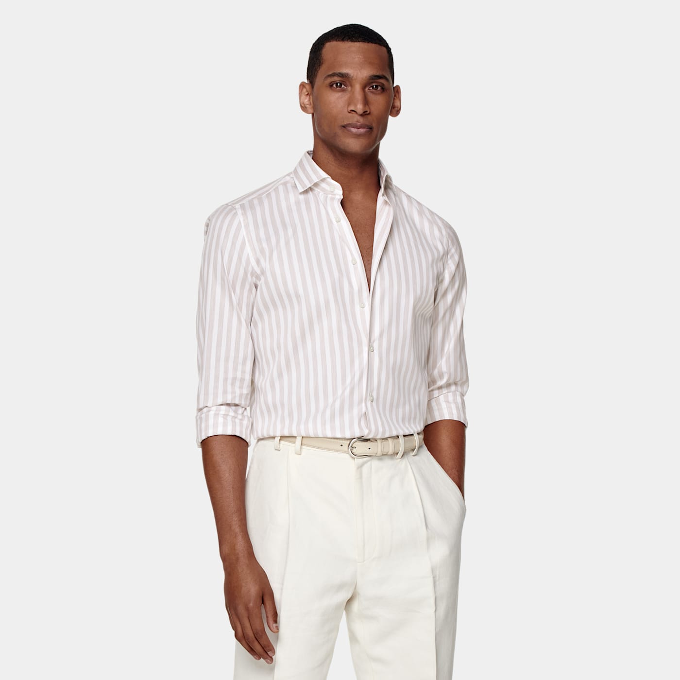 Suitsupply Light Brown Striped Poplin Extra Slim Fit Shirt In White