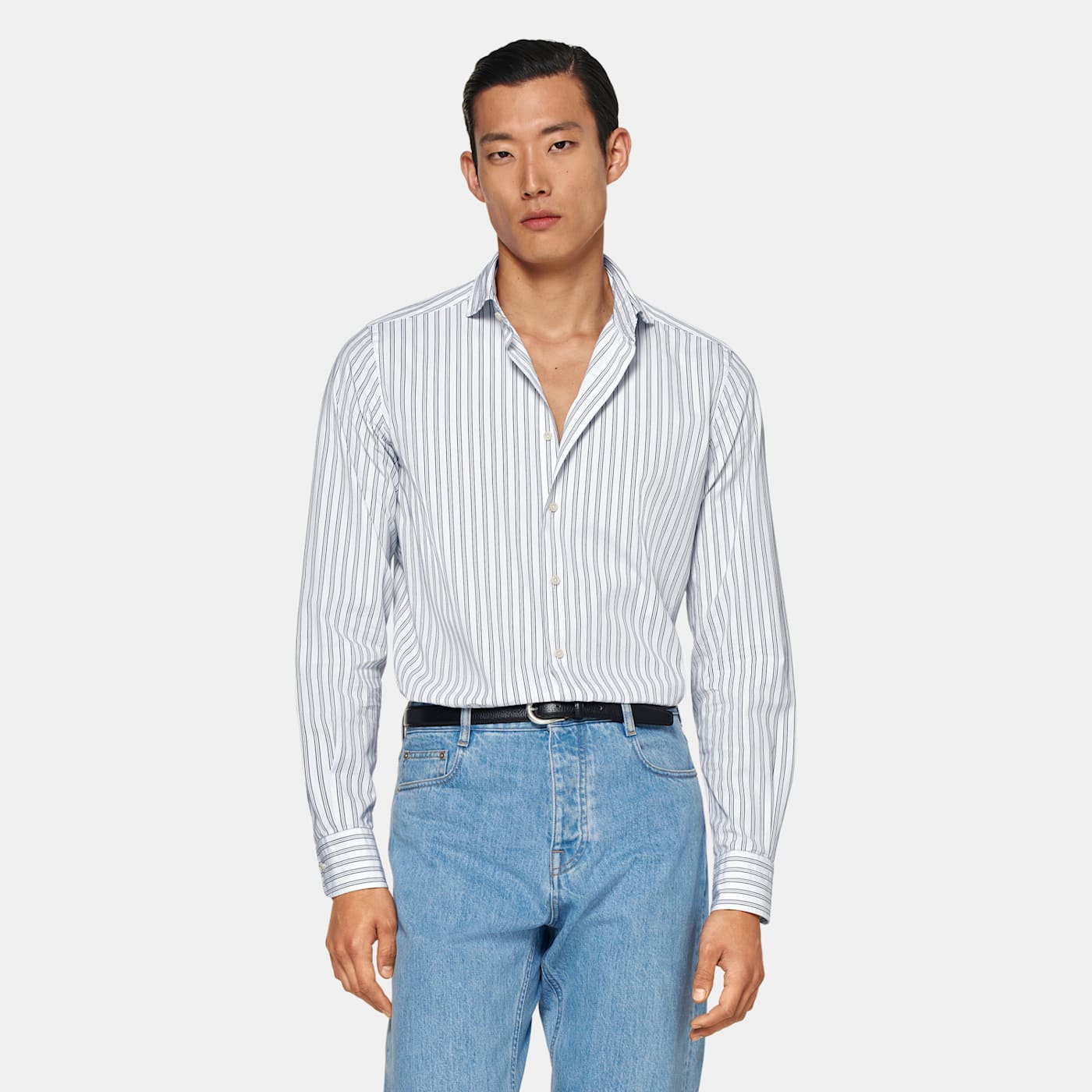 Suitsupply Navy Striped Slim Fit Shirt In White
