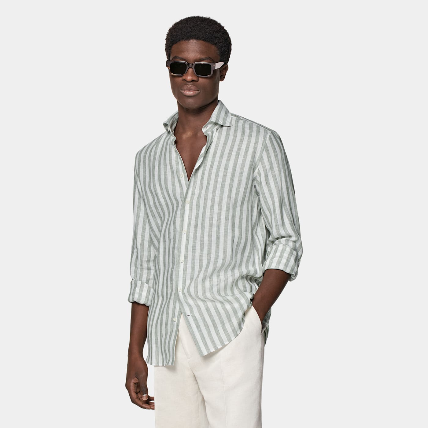 Suitsupply Green Striped Slim Fit Shirt In White