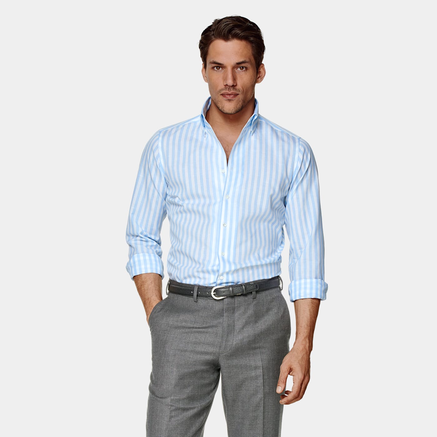 Suitsupply Light Blue Striped One Piece Collar Extra Slim Fit Shirt
