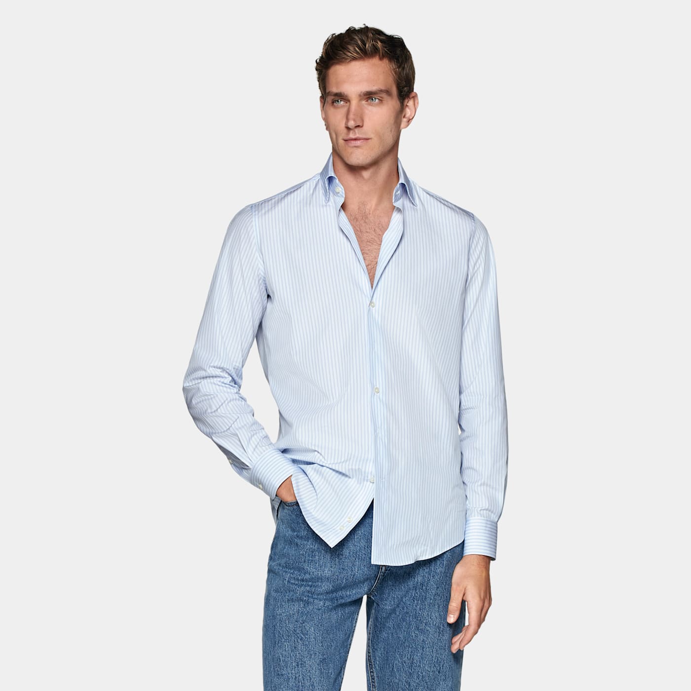 Suitsupply Light Blue Striped Poplin Slim Fit Shirt