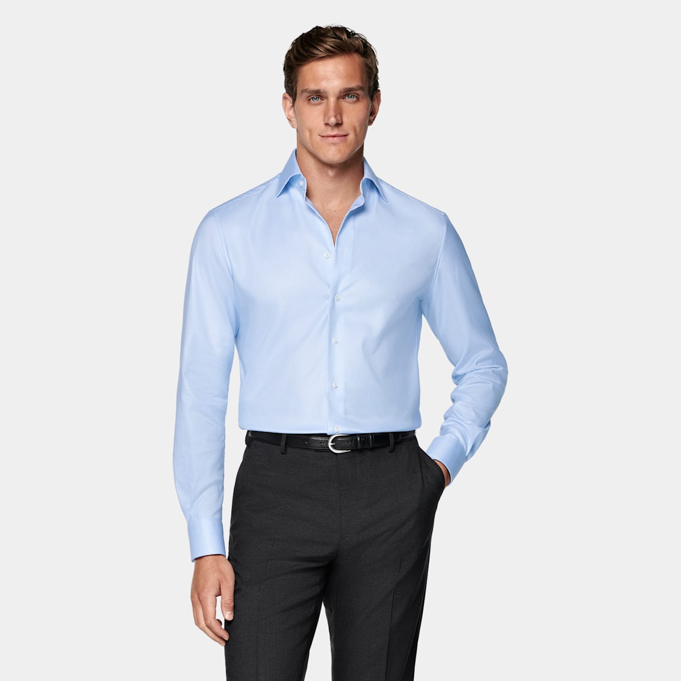 Suitsupply Light Blue Houndstooth Tailored Fit Shirt