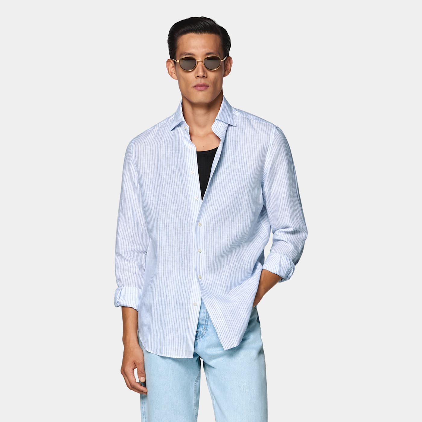 Suitsupply Mid Blue Striped Linen Shirt