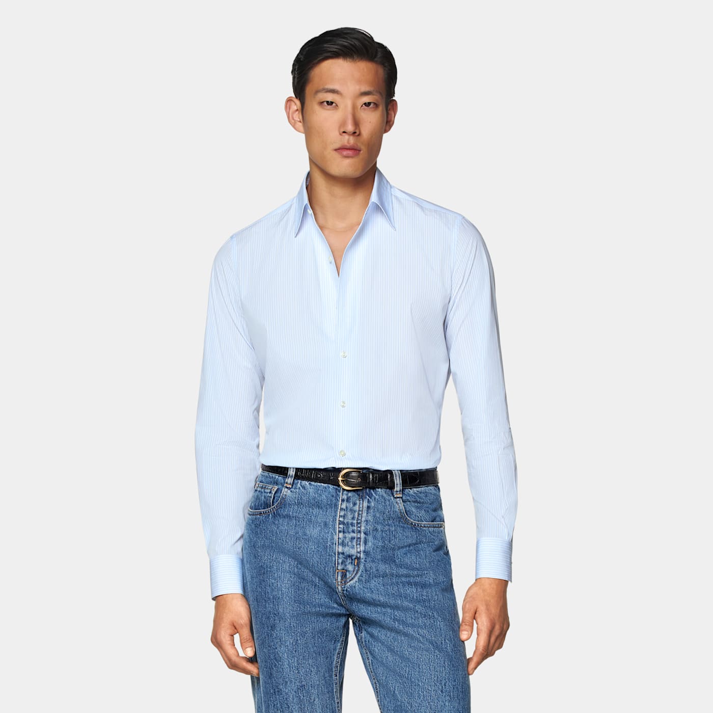 Suitsupply Light Blue Striped Classic Collar One Piece Tailored Fit Shirt