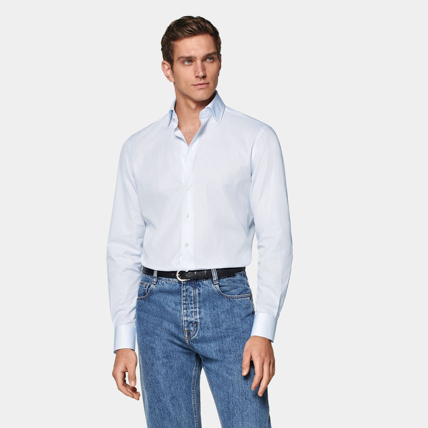 Suitsupply Light Blue Striped Poplin Tailored Fit Shirt