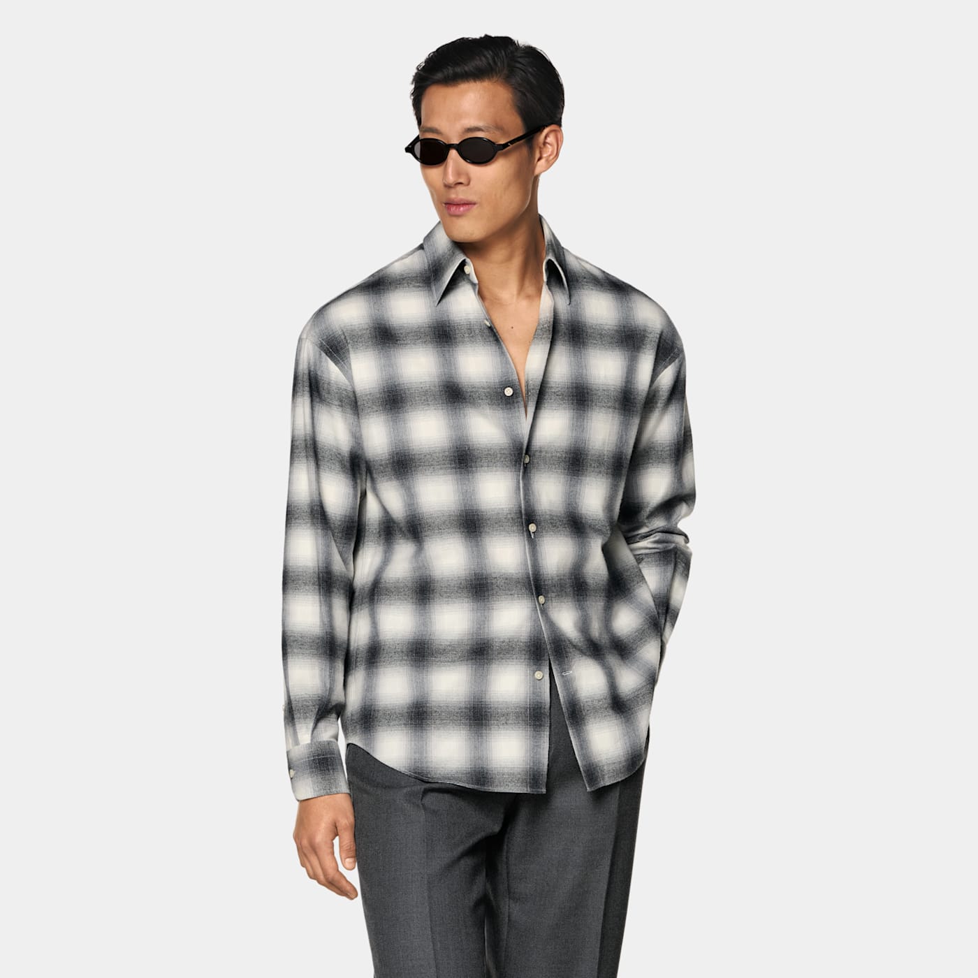Suitsupply Dark Grey Checked Cotton Cashmere Shirt
